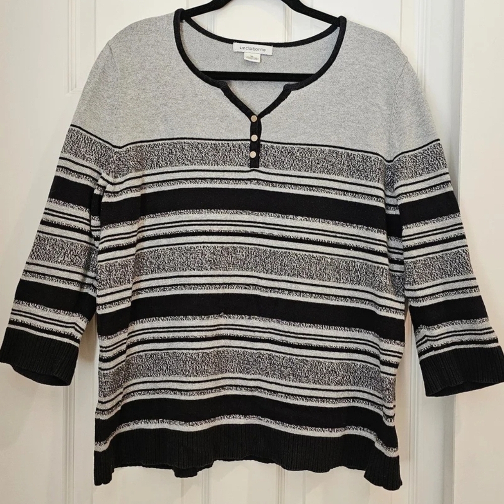 Liz Claiborne Black and Gray Striped Knit Top